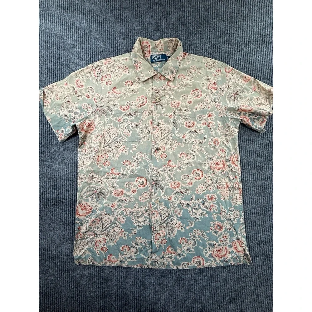 Polo Ralph Lauren Shirt Mens Medium Blue Floral Roses Short Sleeve Button Up VTG